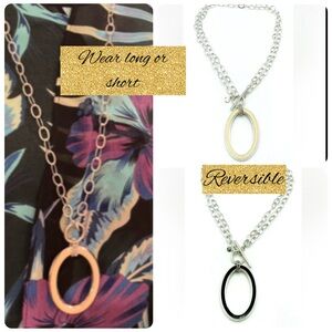 N196 Reversible Ebony/Ivory Oval on Shiny Silvertone Chain Toggle- no tarnish
